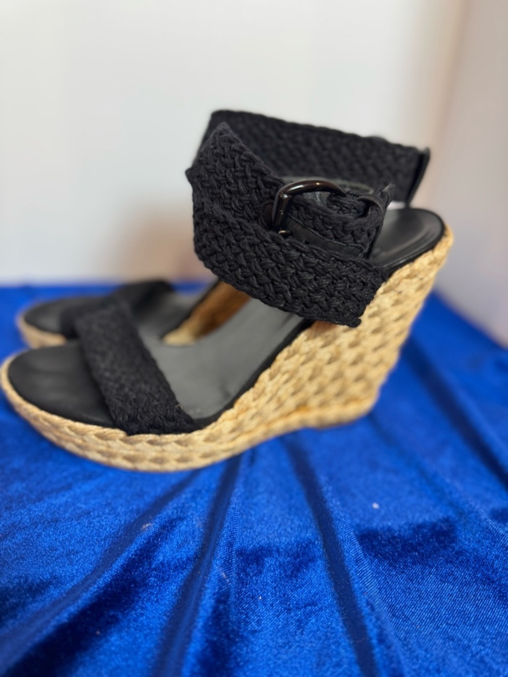 Stuart Weitzman Black Braided Espadrille Wedge Sandals with Ankle Wrap - Picture 4 of 8